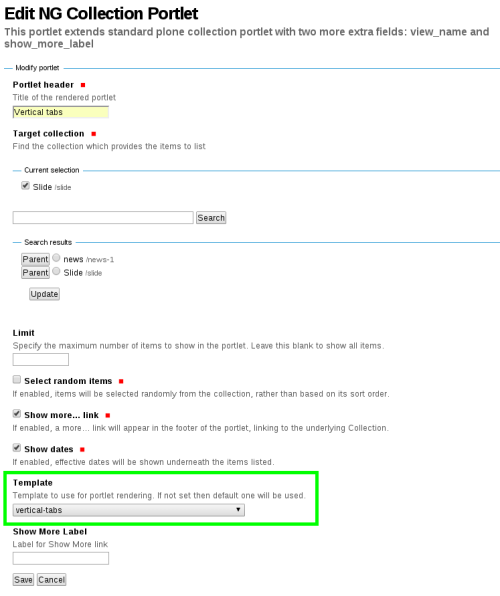 Slider-templates portlet settings