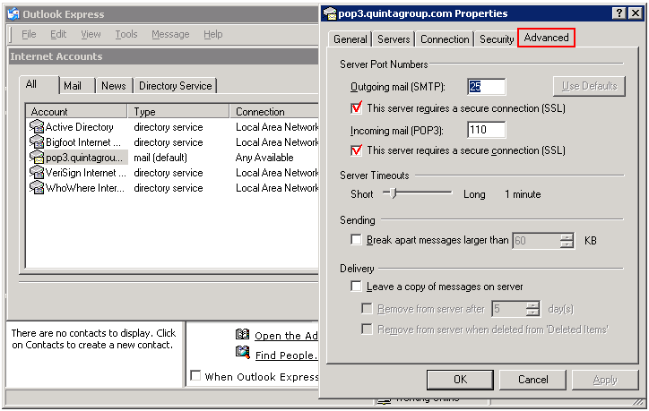 Outlook Express Secure protocol options