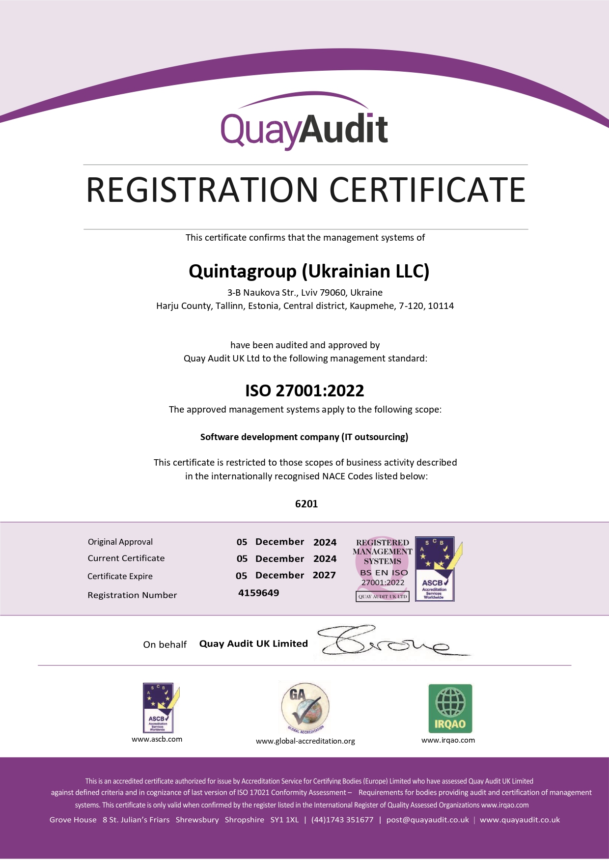 Quintagroup: ISO 27001:2022 Certificate