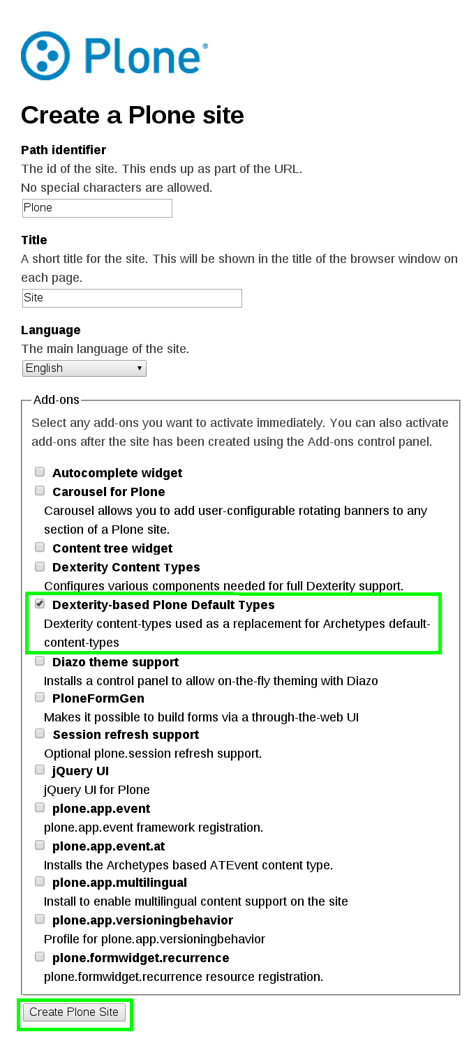 Create-Plone site with Dexterity