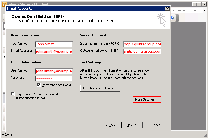 Outlook user server logon test