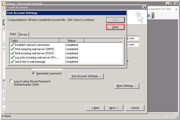 Outlook test account settings