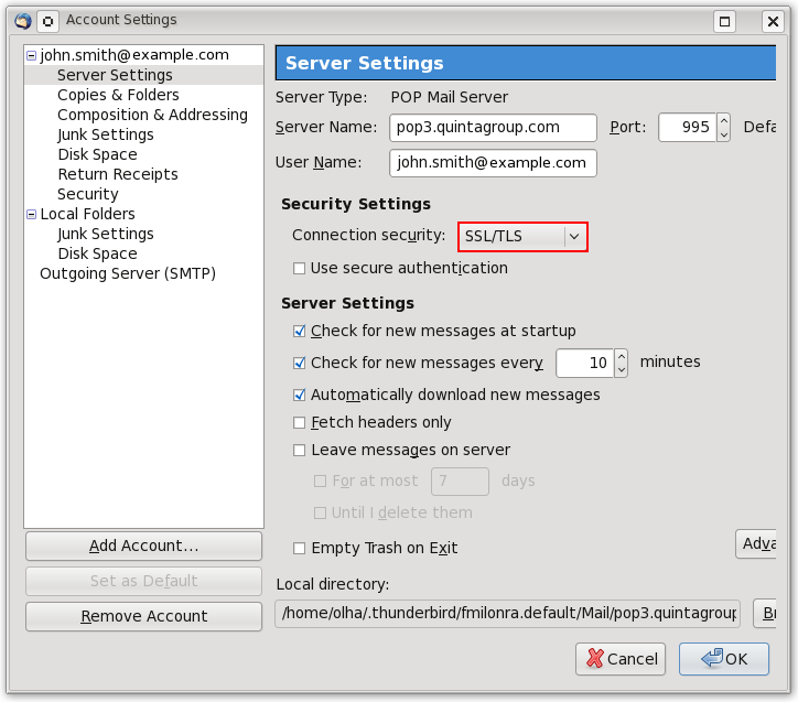 thunderbird change email server settings