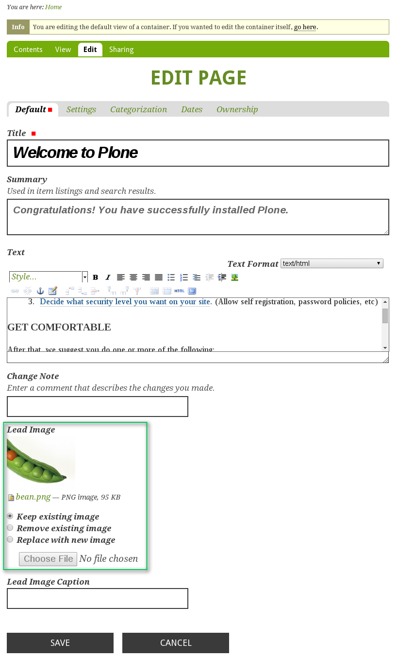 Green Bean Plone theme lead image upload