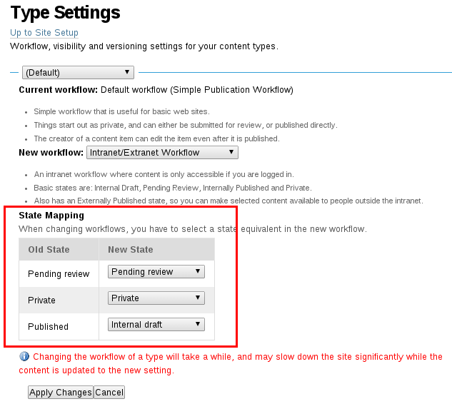 Intranet/Extranet workflow settings