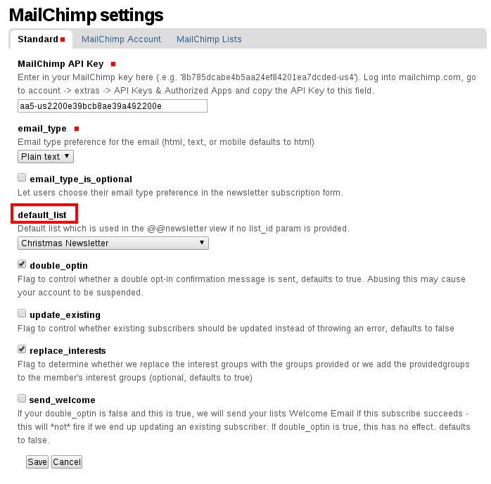 ”MailChimp default list settings in Plone