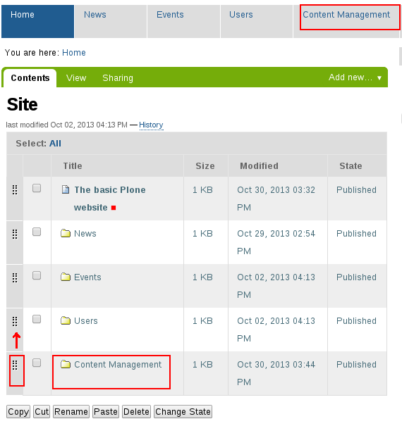 Change Plone folder position